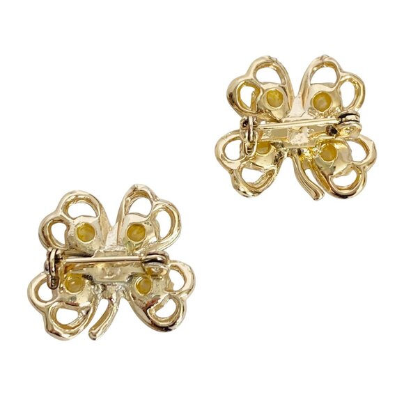 Shamrock 4Leaf Clover Sweater Scatter Pins Faux Pearl Rhinstone Gold Tone Set 2 - Picture 3 of 7